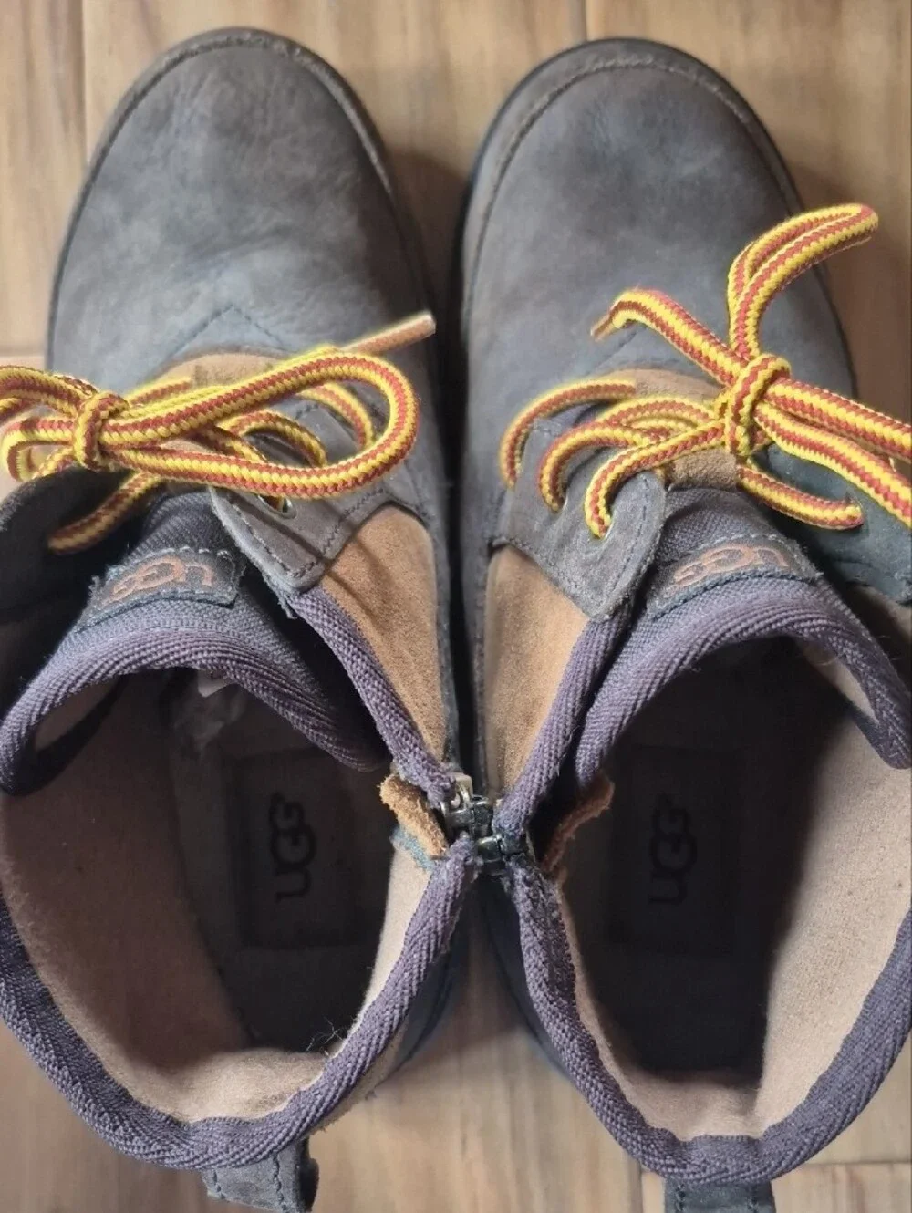 UGG Bradley Two Toned Brown Suede And Leather Boots with Yellow Accent Laces